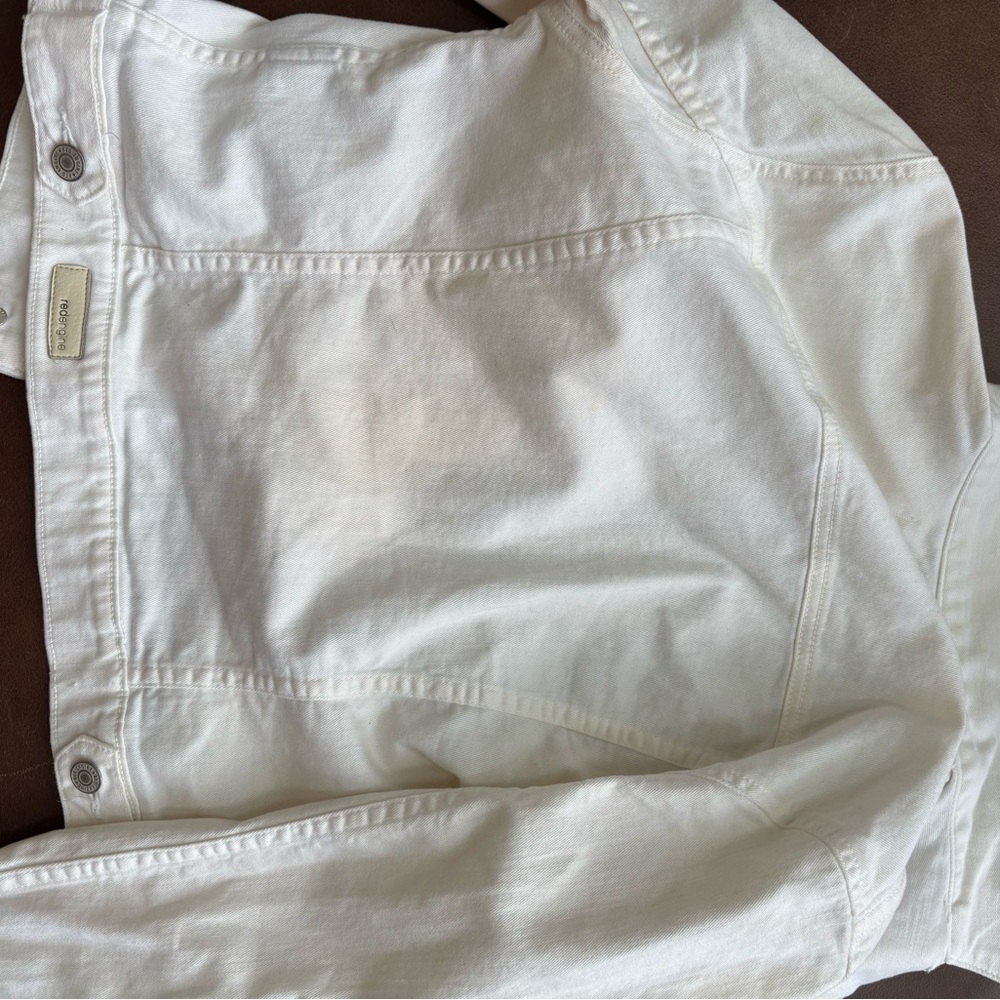 Red Engine White Cropped Denim Jean Jacket Made in USA Size S QUALITY - Picture 7 of 8